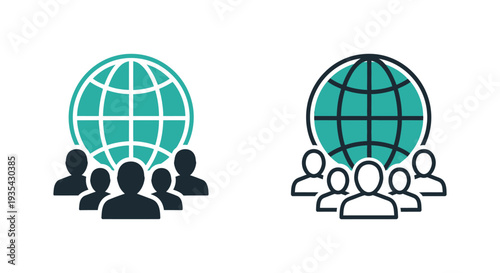 Two contrasting vector graphic icons representing global community and international teamwork concepts side by side