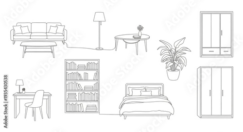Collection of hand-drawn furniture and home decor items.