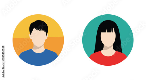 Simple vector graphic illustration set featuring two anonymous user profile avatars in colorful circular frames