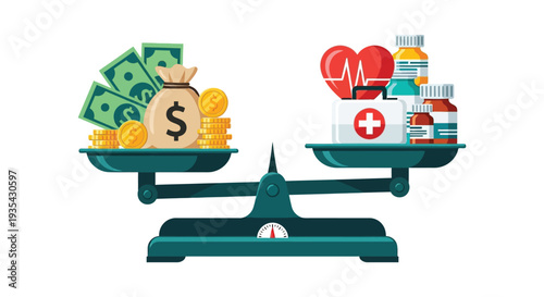 Vector illustration comparing the financial cost of money against the value of healthcare services on a balance scale