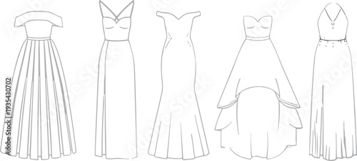 Dress silhouettes collection, fashion design, off shoulder gown, V neckline dress, mermaid style, strapless sweetheart, halter keyhole, formal wear, vector illustration