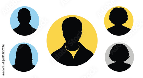 Diverse collection of five anonymous user profile silhouette icons representing various team members in a graphic design format