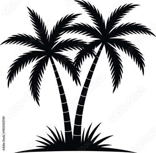 Two palm trees silhouette on island. Tropical summer beach holiday vector illustration.