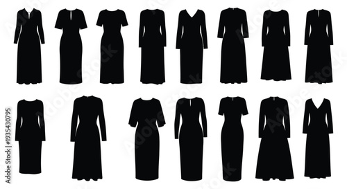 Collection of various elegant black dress silhouettes showcasing different sleeve and neckline vector design styles