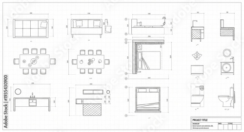 Architectural drawings and blueprints for furniture design.