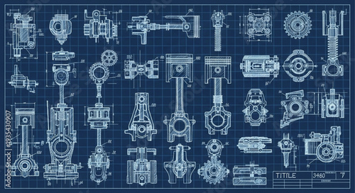 Detailed Blueprint of Mechanical Engine Components on Blue Grid Background.