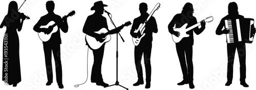 Black silhouette music band performing with guitars violin accordion singer isolated on white