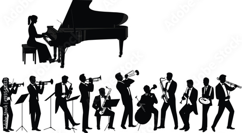 Black silhouette orchestra musicians performing with grand piano brass and string instruments ensemble