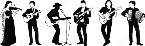 Black silhouette musicians band performing with guitar violin accordion isolated on white background vector