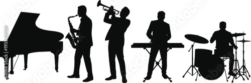 Jazz band silhouette, musicians playing piano saxophone trumpet keyboard drums on white background