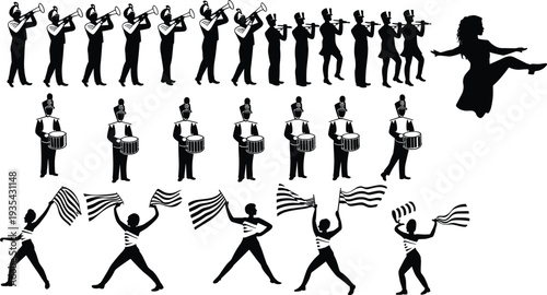 Marching band silhouettes with musicians, drummers, flag performers and dancer performing parade show on white background