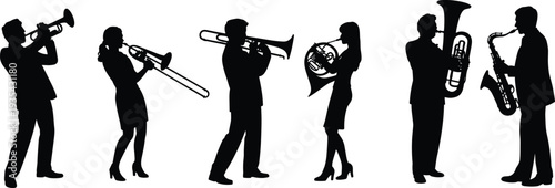 Silhouette brass and woodwind musicians performing live music, orchestra players isolated on white background studio