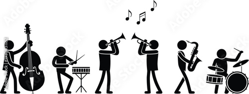 Silhouette music band with trumpet, saxophone, drums and bass performing jazz concert on white background