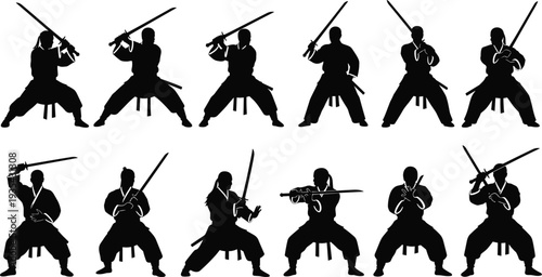 Twelve Black Silhouettes Of Samurai Warriors With Swords In Various Poses martial arts katana