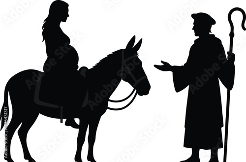 Nativity scene silhouette with pregnant Mary riding donkey and shepherd with staff, biblical Christmas story vector illustration isolated on white background