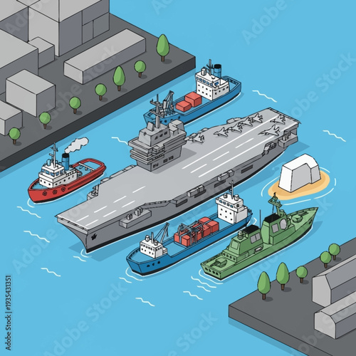 Aircraft Carrier with Various Ships and Boats.