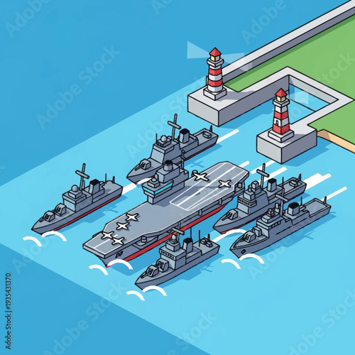 Aircraft Carrier with Escort Ships and Lighthouse.