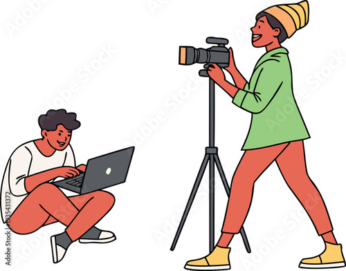 Content creators working on a media project with a professional camera and laptop in a modern flat vector illustration style for creative marketing.
