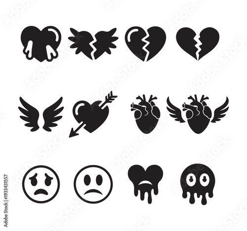 Collection of black silhouette icons representing broken sad melting and winged hearts emotions
