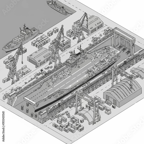 Industrial Shipbuilding Yard with Cranes and Facilities.
