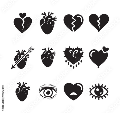 Set of twelve simple black heart symbols including anatomical broken winged and melting shapes