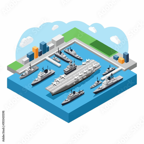 Isometric View of Shipping Port with Vessels.