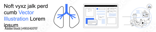 Healthcare services, medical education, anatomy studies, online platforms, digital tools, informational purposes. Lungs diagram alongside a website interface and healthcare icons. Healthcare services