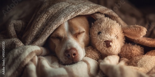 Wallpaper Mural Sleeping mixed breed dog cuddling plush teddy under soft brown blanket on blurred cozy home bed background, concept of emotional support and peaceful pet companionship Torontodigital.ca
