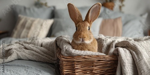 Wallpaper Mural Alert domestic beige rabbit sitting in wicker basket on rumpled linen blankets, against blurred modern bedroom with pillows and plants. Concept of cozy pet friendly home decor Torontodigital.ca
