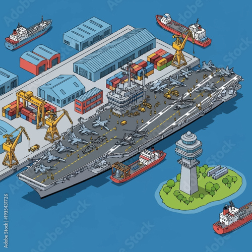 Aircraft Carrier Naval Base with Ships and Cranes.