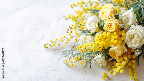 明るいイエローフラワー背景素材｜ナチュラルで広告向きの春イメージ ミモザ＆スプレーローズ