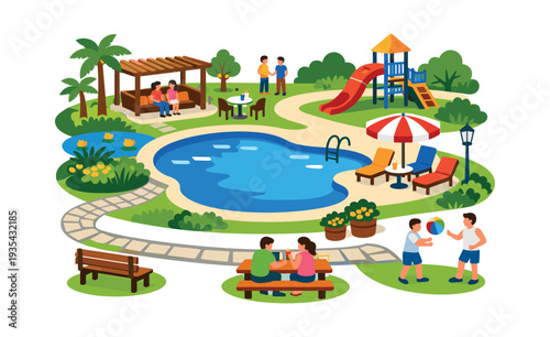 Diverse groups of people enjoying various leisure activities outdoors in a vibrant summer park setting with a pool and playground