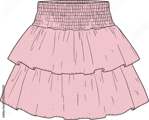 Pink tiered skirt fashion illustration featuring smocked elastic waistband, layered ruffled hem design, feminine casual apparel style, showcasing garment construction and textile details
