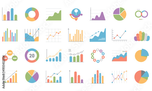 Collection of colorful infographic elements including diverse charts and graphs for data visualization and presentation purposes in a clean and modern design.