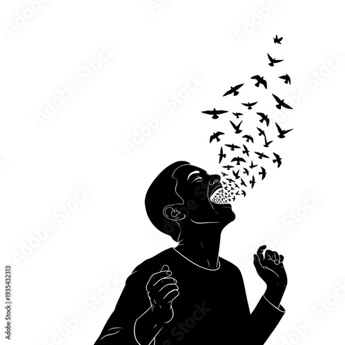A black silhouette of a man with birds flying out of his mouth