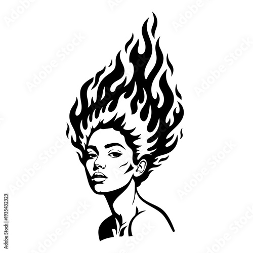 A black and white illustration of a woman with flaming hair