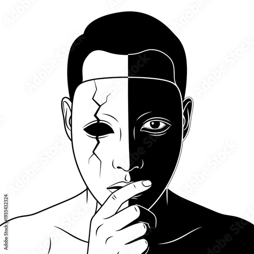 A man with a split face, one side cracked and the other smooth