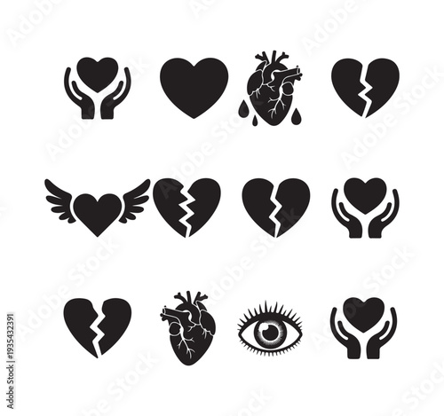 Set of twelve romantic heart icons representing love care and heartbreak for design