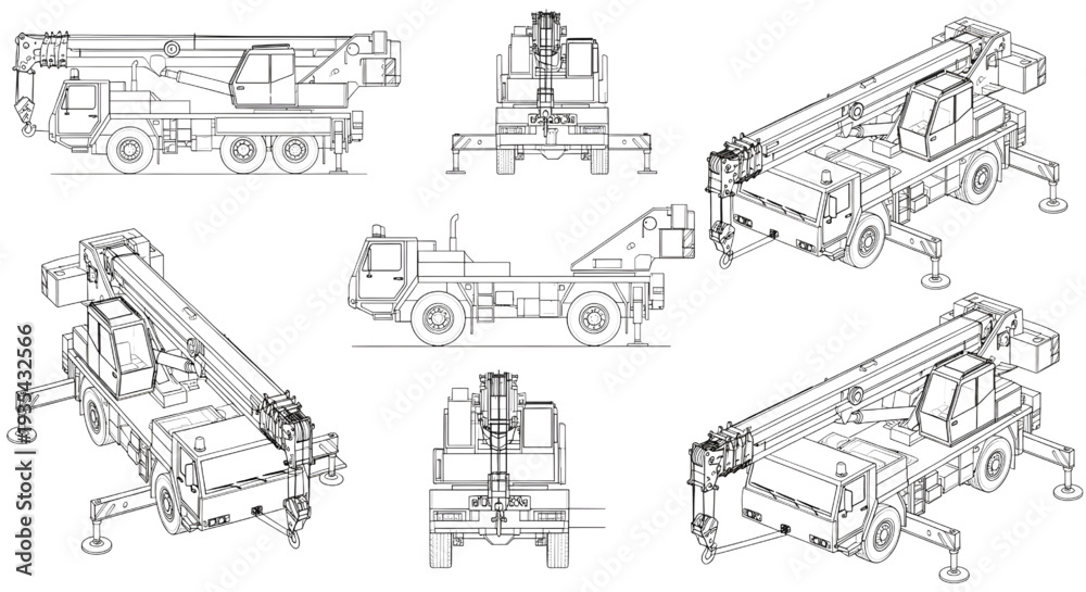 Fototapeta premium Crane Truck AutoCAD Blueprint Vector – Multi View Construction Machinery Technical Drawing