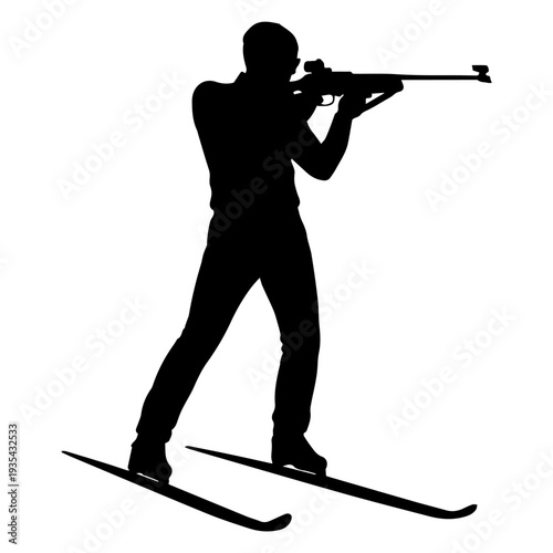 Biathlon athlete aims downrange while skiing