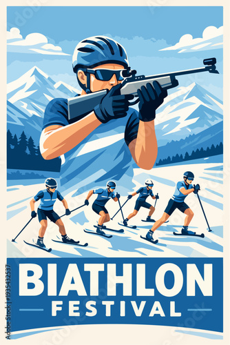 Dynamic biathlon athletes race through a snowy mountain landscape, aiming with precision rifles under a clear blue sky