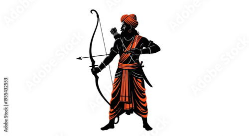 A man in orange and black outfit holding a bow and arrow