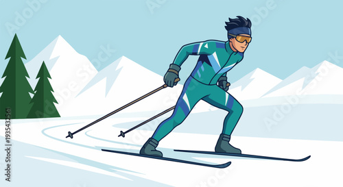 Man skis down snowy mountain slope, enjoying winter sports