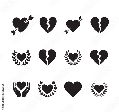 Twelve black heart icons showing love injury protection and award for web graphics