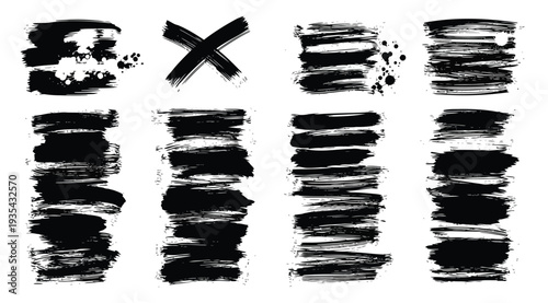 Four black ink brush strokes on white background with one crossed out