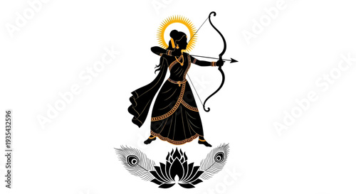 A black and gold image of a woman with a bow and arrow