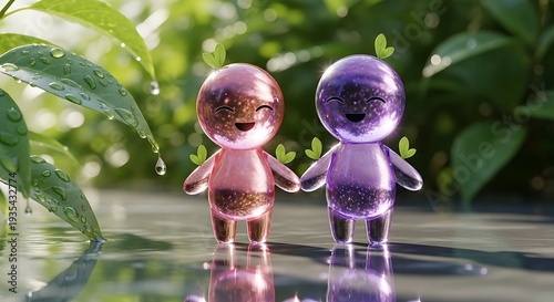 Two cute metallic robots standing together outdoors illustration