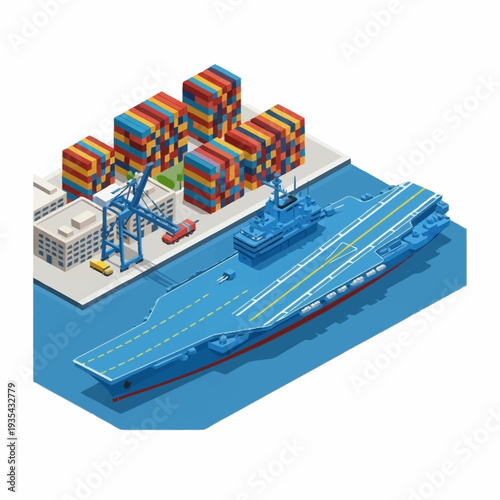 Isometric Container Ship at Industrial Dock.