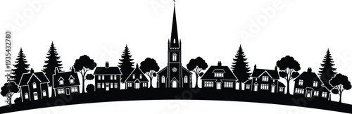 Black silhouette of a charming village with a church and houses black and white steeple