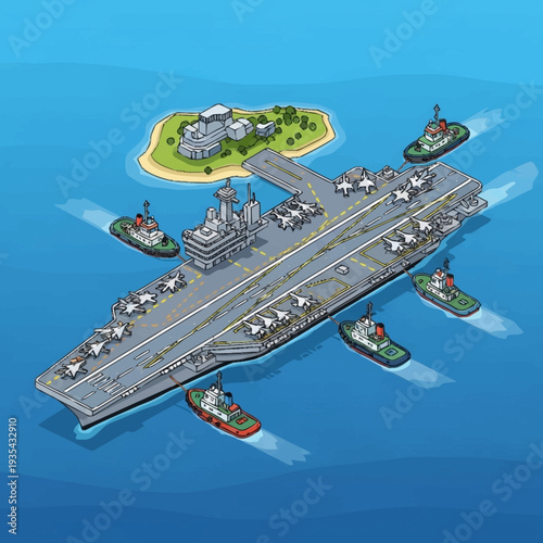 Aircraft Carrier with Escort Ships at Sea.